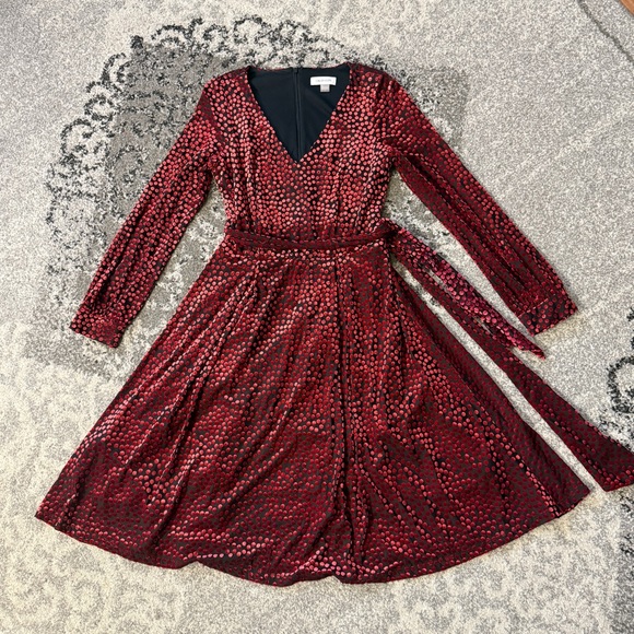 Calvin Klein Black Red Velvet Polka Dot V
Neck Tie Waist Dress Burnout Velvet 2 - Picture 8 of 8